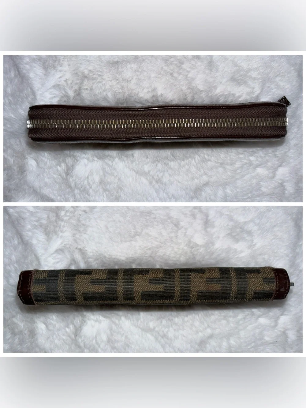 Fendi Monogram Canvas and Leather Zip Wallet in Dark Brown with Silver Hardware